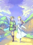  1girl blonde_hair boots closed_eyes cloud dress gloves hat instrument knee_boots link long_hair lyre path princess_zelda road sandals shield sky smile sword the_legend_of_zelda the_legend_of_zelda:_skyward_sword torikai_tokine tree walking weapon white_dress 