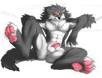  anthro anus balls biceps black_nose bloody_roar butt canine claws erection fangs fur grey_fur half-erect looking_at_viewer male mammal muscles nude pawpads paws pecs penis pose presenting scar simple_background sitting smile solo spread_legs spreading teasing toe_claws toned white_fur wolf yellow_eyes yugo_ogami yummyv1rus 