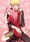  1girl blonde_hair commentary_request couple forehead_protector haruno_sakura hetero hug i_(kaiyou) long_hair naruto naruto_(series) naruto_shippuuden pink_hair smile spiked_hair uzumaki_naruto 