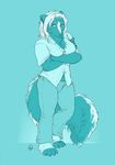  amber-aria anthro blue_background blue_theme breasts crossed_arms female gender_transformation mammal monochrome mtf plain_background post_transformation simple_background skunk transformation transgender 