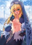  blonde_hair blue_eyes blush breasts cleavage long_hair medium_breasts midriff mittens monster_girl monster_girl_encyclopedia navel open_mouth revision selkie_(monster_girl_encyclopedia) selkie_(mythology) solo sud_(sudea) torn_clothes translated zipper 