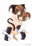  :d absurdres animal_ears ass azuma_yuki bell bell_collar black_legwear breasts brown_eyes brown_hair cat_ears cat_tail censored collar convenient_censoring dog_ears dog_tail highres multiple_girls nipples no_bra no_panties nude open_mouth original small_breasts smile straddling tail thighhighs white_legwear yuri 