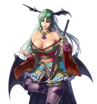  alternate_costume animal_print bare_shoulders bat_print breasts cleavage cuboon demon_girl detached_collar green_eyes green_hair head_wings highres large_breasts long_hair morrigan_aensland off_shoulder official_art onimusha_soul pantyhose print_legwear sheath simple_background sitting smile solo string succubus sword unsheathing vampire_(game) weapon 