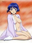  absurdres ai_yori_aoshi blue_eyes blue_hair blush breasts footwear highres official_art open_clothes open_shirt panties sakuraba_aoi scan shirt socks underwear 