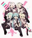  ahoge aren_(fubuki-46) bad_id bad_pixiv_id blonde_hair blue_hair braid doll green_hair gumi hand_behind_head hands_on_own_knees hatsune_miku ia_(vocaloid) kagamine_rin kneehighs long_hair mayu_(vocaloid) multiple_girls one_eye_closed outstretched_arm pink_hair short_hair sitting smile stuffed_animal stuffed_bunny stuffed_toy thighhighs twin_braids twintails usano_mimi v vocaloid 