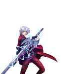  alastor_(sword) artist_request dante_(devil_may_cry) devil_may_cry fingerless_gloves gloves highres jacket leather leather_pants male_focus official_art onimusha_soul pants red_jacket solo sword weapon white_hair 