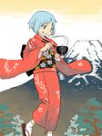  blue_eyes blue_hair blush bowl chopsticks drawr eating food japanese_clothes kimono mahou_shoujo_madoka_magica mensoubou miki_sayaka mount_fuji mountain obi sandals sash short_hair smile solo 