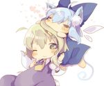  :&gt; =_= animal_ears bad_id bad_pixiv_id biting blue_hair blush cat_ears cirno daiyousei dress fairy_wings green_eyes green_hair ice ice_wings masirosu multiple_girls necktie one_eye_closed ribbon short_hair touhou wings 