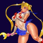  bishoujo_senshi_sailor_moon blonde_hair blue_background blue_eyes blue_sailor_collar blue_skirt boots bow breasts choker covered_navel double_bun elbow_gloves gloves hair_ornament hairpin highleg highleg_leotard holding holding_wand large_breasts leotard long_hair maboroshi_no_ginzuishou magical_girl moon_stick red_bow red_choker ribbon sailor_collar sailor_moon sailor_senshi_uniform shiny shiny_skin skirt solo thighs tiara tsukino_usagi twintails wand white_gloves zen_and_retro 