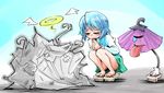  angel_wings bare_legs blue_hair blush closed_eyes geta halo highres karakasa_obake praying purple_umbrella shinapuu short_hair skirt solo squatting tatara_kogasa tears tongue touhou umbrella wings 