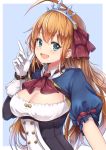  :d ahoge ascot bangs blue_background blue_eyes blush bow breasts cleavage dargo eyebrows_visible_through_hair gloves hair_bow hand_up index_finger_raised large_breasts long_hair looking_at_viewer open_mouth orange_hair pecorine princess_connect! princess_connect!_re:dive puffy_short_sleeves puffy_sleeves red_bow red_neckwear shirt short_sleeves sidelocks simple_background smile solo tiara upper_body white_gloves white_shirt wing_collar 