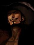  1boy artist_request black_hair chinstrap dark dark_background dracule_mihawk facial_hair frown hat hat_feather jewelry male male_focus matsubaki mustache necklace one_piece open_clothes open_shirt pirate popped_collar shichibukai shirt solo yellow_eyes 