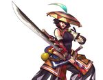  artist_request belt black_hair breasts detached_sleeves fighting_stance gourd hair_over_one_eye hakama hat hat_feather japanese_clothes large_breasts monster_hunter monster_hunter_portable_3rd official_art onimusha_soul popped_collar ribbed_sweater short_hair sleeveless solo sunrise_stance sweater sword weapon yukumo_(armor) 