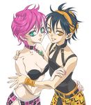  1girl black_hair blue_eyes headband jojo_no_kimyou_na_bouken kujou_kiyo midriff nail_polish narancia_ghirga orange_eyes pink_hair short_hair trish_una 