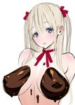  arms_behind_back blonde_hair blue_eyes breasts chocolate hair_ribbon large_breasts long_hair looking_at_viewer nude original parted_lips poin ribbon simple_background sketch solo twintails white_background 