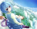  adworse blue_eyes blue_hair blue_sky closed_umbrella cloud day dutch_angle flying forest geta heterochromia karakasa_obake lake landscape long_sleeves looking_at_viewer looking_back mountain nature purple_umbrella red_eyes sitting skirt skirt_set sky smile solo stream tatara_kogasa touhou umbrella umbrella_riding 