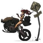  ahoge bad_id bad_pixiv_id bandaid brown_hair eating english ground_vehicle highres long_hair motor_vehicle motorcycle original ponytail reading rias-coast riding road_sign shorts sign simple_background solo white_background 