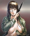  breasts eyepatch highres jormungand knife large_breasts lips o-dutch open_clothes open_shirt shirt sofia_valmer solo 