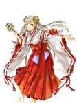  alternate_costume barefoot bell capcom_fighting_jam detached_sleeves hagiya_kaoru hairpods highres ingrid japanese_clothes jingle_bell kagura_suzu long_hair miko official_art onimusha_soul red_eyes simple_background smile solo very_long_hair wand white_background white_hair wide_sleeves 