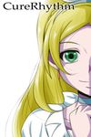  blonde_hair bloom character_name choker closed_mouth cure_rhythm earrings green_eyes hairband highres jewelry long_hair looking_at_viewer magical_girl md5_mismatch minamino_kanade nishi_koutarou out_of_frame portrait precure simple_background smile solo suite_precure white_background white_choker 