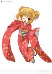  ;d absurdres azuma_yuki blonde_hair blush_stickers brown_eyes double_bun full_body furisode highres japanese_clothes kimono long_hair looking_at_viewer one_eye_closed open_mouth original red_kimono simple_background smile solo white_background wide_sleeves yukata 