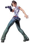  black_hair breasts chinese_clothes denim fong_ling gloves gun hair_bun handgun jeans kawano_takuji medium_breasts namco_x_capcom official_art pants pistol pouch resident_evil resident_evil_dead_aim short_hair single_glove solo suppressor tan tangzhuang tattoo weapon white_background 