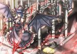 alternate_costume bare_shoulders bat_wings blue_hair breasts chain chandelier cross detached_sleeves dress highres holding jewelry large_breasts necklace older planted_weapon remilia_scarlet ryuuno_stadtfeld short_hair solo spear_the_gungnir spell_card standing statue touhou weapon wings 