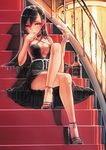  alcohol bad_id bad_pixiv_id black_hair breasts cleavage cocktail_glass crossed_legs cup dress drinking_glass glass high_heels jack_daniel's large_breasts legs long_hair long_legs original red_eyes shoes siqi_(miharuu) sitting sitting_on_stairs solo stairs thighs toenail_polish whiskey 