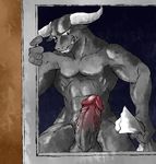  anthro balls biceps big_penis bovine cattle erection grey_skin grin hisamehisame horn looking_at_viewer male mammal muscles nude pecs penis pose presenting solo standing thick_penis toned towel vein 