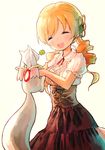  blonde_hair blush breasts closed_eyes clover corset drill_hair four-leaf_clover hair_ornament hairpin kyubey mahou_shoujo_madoka_magica medium_breasts open_mouth puffy_sleeves skirt smile tomoe_mami twin_drills twintails yellow_eyes yoshinogai 