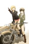  :d ^_^ bai_lao_shu blonde_hair boots brown_eyes brown_hair closed_eyes crossed_arms erica_hartmann gertrud_barkhorn gloves goggles ground_vehicle helmet highres jacket low_twintails military military_uniform motor_vehicle motorcycle multiple_girls open_mouth pointing smile strike_witches twintails uniform world_witches_series 
