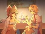  alice_margatroid blonde_hair book brown_hair candle chair chin_rest hakurei_reimu holding_needle indoors kaoru_(alicemakoto) multiple_girls needle open_clothes picture_(object) sarashi sewing short_hair sitting spool table thread touhou 