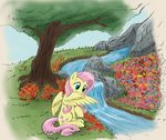  blue_eyes cutie_mark equine female feral flower fluttershy_(mlp) friendship_is_magic fur grass hair horse mammal my_little_pony otakuap outside pegasus pink_hair pony preening sitting solo stream tree water wings yellow_fur 