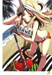  absurdres bad_girl baseball_bat beach blonde_hair blush breasts cleavage clothes_writing food fruit gloves highres large_breasts navel no_more_heroes one_eye_closed solo suikawari tsurugi_hagane underboob water watermelon 