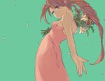  aerith_gainsborough aqua_background aqua_eyes bouquet braid brown_hair cotton_(lapin) dress final_fantasy final_fantasy_vii flower lily_(flower) long_dress long_hair looking_back perspective petals pink_dress simple_background single_braid sleeveless sleeveless_dress smile solo sunflower 