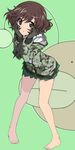  akiyama_yukari anglerfish bangs bare_legs barefoot black_gloves blouse brown_eyes brown_hair camouflage emblem full_body girls_und_panzer gloves green_skirt hands_on_own_face hood hoodie long_sleeves looking_at_viewer messy_hair miniskirt mizuki_makoto neckerchief ooarai_school_uniform pleated_skirt revision school_uniform serafuku short_hair skirt solo standing white_blouse 