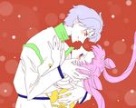 1girl bad_id bad_pixiv_id bishoujo_senshi_sailor_moon chibi_usa couple double_bun from_side grey_hair hair_bun hands helios_(sailor_moon) hetero hoshiwothugumono imminent_kiss jitome looking_at_another lowres older partially_colored pink_hair red_background small_lady_serenity twintails 