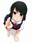  all_fours bad_id bad_pixiv_id black_hair blurry blush brown_eyes depth_of_field looking_at_viewer ogipote open_mouth original outstretched_arm outstretched_hand school_uniform shirt simple_background skirt skirt_set solo vest white_background 