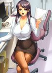 1girl absurdres angry breasts cleavage computer computer_keyboard computer_mouse copyright_request curvy dress_shirt highres iruma_kamiri large_breasts legs_crossed lipstick long_hair makeup miniskirt monitor mousepad office_lady open_mouth panties pantyhose pantyshot paper paperclip pencil_skirt purple_eyes purple_hair shirt sitting skirt solo thighhighs underwear upskirt 
