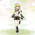  aqua_eyes bad_id bad_pixiv_id belt blonde_hair crop_top crop_top_overhang detached_sleeves english hair_ornament hair_ribbon hairclip highres kagamine_rin kuromayu lyrics midriff music navel open_mouth outstretched_wrists ribbon short_hair shorts singing smile solo translation_request vocaloid 