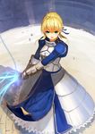  ahoge armor armored_dress artoria_pendragon_(all) blonde_hair blush fate/zero fate_(series) faulds gauntlets green_eyes hair_ribbon highres invisible_air jeanex juliet_sleeves long_sleeves no_nose open_mouth puffy_sleeves ribbon saber solo sword weapon 