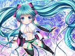  anklet aqua_eyes aqua_hair asazuki_kanai beamed_eighth_notes bridal_gauntlets center_opening eighth_note hatsune_miku hatsune_miku_(append) headphones highres jewelry long_hair looking_at_viewer musical_note nail_polish navel necktie quarter_note smile solo staff_(music) thighhighs twintails very_long_hair vocaloid vocaloid_append 