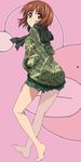  anglerfish ass bangs bare_legs barefoot brown_eyes brown_hair camouflage emblem from_behind girls_und_panzer green_skirt hands_in_pockets hood hoodie long_legs looking_at_viewer looking_back miniskirt mizuki_makoto neckerchief nishizumi_miho ooarai_school_uniform pleated_skirt revision school_uniform short_hair skirt smile solo standing 