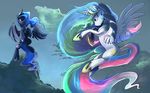  blitzpony cloud crown cutie_mark duo equine female feral fight flying friendship_is_magic gold hair horn horse mammal moon multi-colored_hair my_little_pony necklace outside pony princess princess_celestia_(mlp) princess_luna_(mlp) royalty sky sparkles winged_unicorn wings 