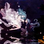  1girl aqua_hair barefoot bishoujo_senshi_sailor_moon dress floating floating_hair from_side full_body highres jacket kaiou_michiru kinako_(kota6) long_hair ponytail reflection see-through water white_dress yaten_kou 