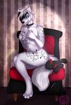  blue_eyes breasts canine collar female flynx-flink nude paws plushie sofa solo tattoo vindictiivespet white_body 