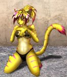  anthro black_nose blonde_hair breasts cat cement claws clothed clothing feline female fur hair heat kneeling mammal nipple_tape pacmancorp panties perky_ears pink_hair pink_markings pose skimpy solo stone tongue tongue_out topless two_tone_hair underwear yellow_fur 