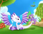  bite cloud dragon duo flashwing_(skylanders) floating_island flower friendship_is_magic gem green_eyes lying madmax male my_little_pony outside purple_eyes rock scalie sky skylanders spike_(mlp) tree wings 