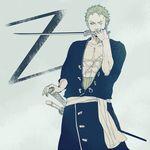  1:1 1boy abs green_hair haramaki katana male male_focus mouth_hold muscle one-eyed one_piece one_piece_film_z open_clothes robe roronoa_zoro sash scar simple_background solo standing sword weapon wink z zzz 