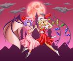  bat_wings blonde_hair blouse cloud finger_to_mouth flandre_scarlet flying full_moon garando hat hat_ribbon holding_hands lavender_hair leg_up looking_at_viewer mob_cap moon mountain multiple_girls open_hand red_eyes red_moon red_sky remilia_scarlet ribbon skirt skirt_set sky smile touhou tower wings 